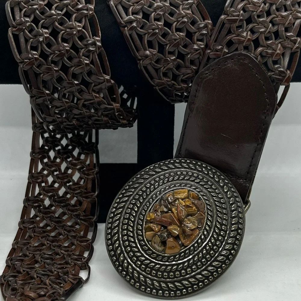 Women’s Boho Woven Leather Belt With Bronze Tone Stone Detail Buckle Size Large